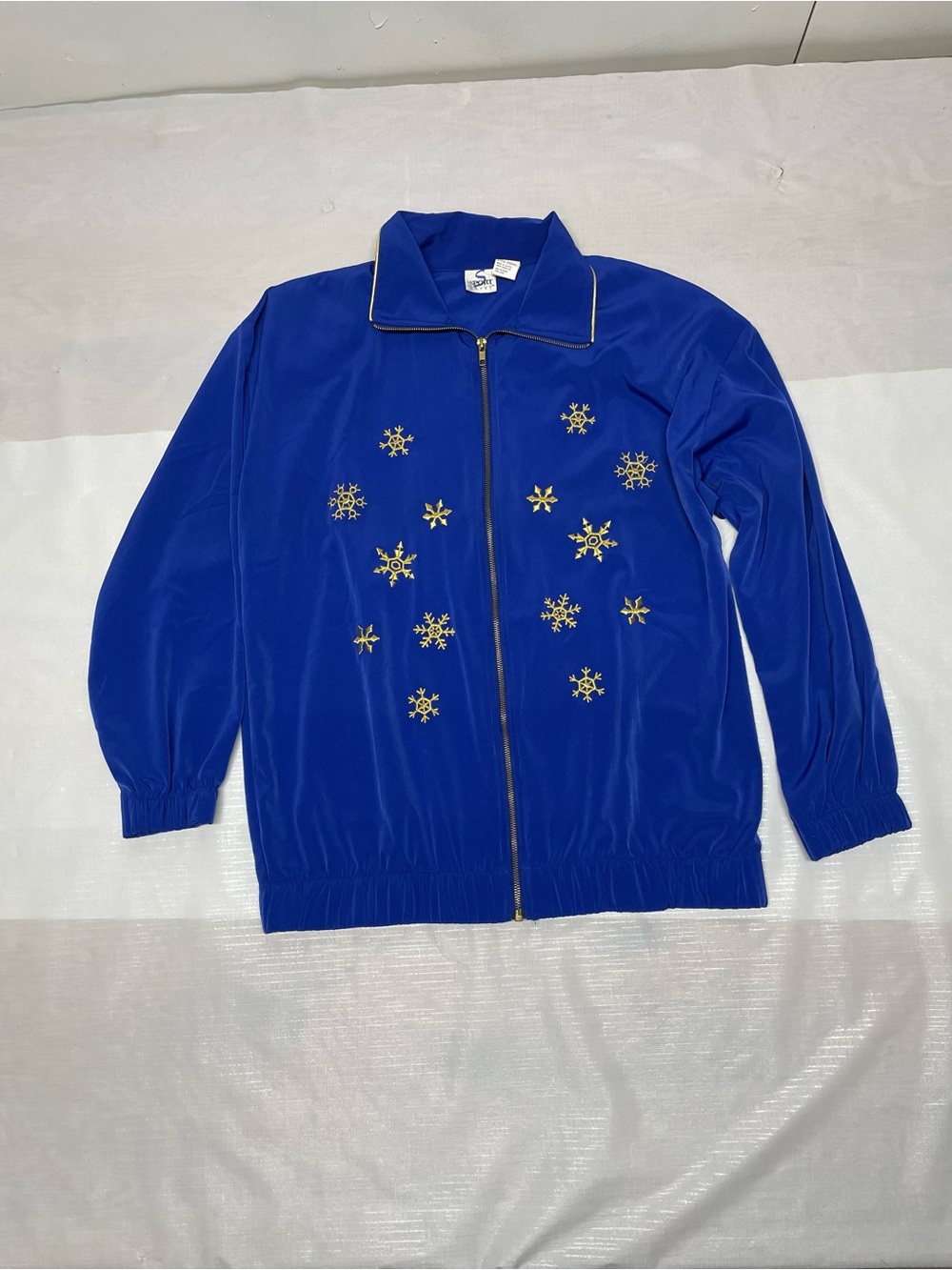 Embellished Blue Zip-Up Bomber Jacket with Gold Accents Sz:Medium